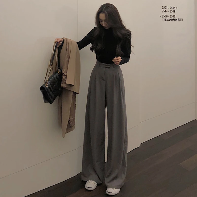 

Autumn Female Solid Wide Leg Pants Women Full Length Pants Ladies High Quality simple Casual Straight Pants