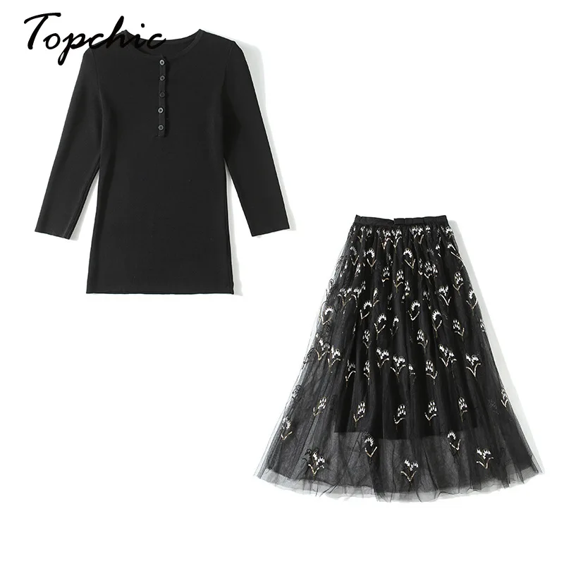 

Autumn Winter Casual Two Piece Set Women 2020 Black Knitted Sweater +midi Floral Embroidery Mesh Skirt Two Piece Outfits