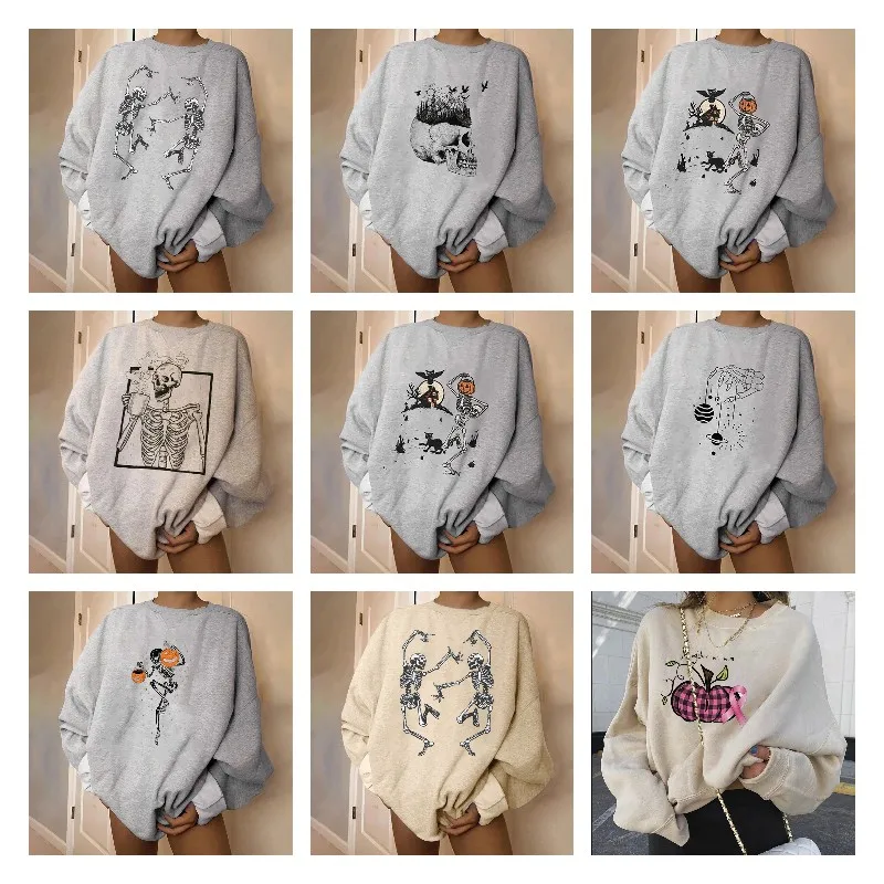 

Oversized Women Fashion Halloween Skull Print Long-sleeved Sweatshirt Casual Hoodie Round Neck Blouse Autumn Pullover Tops #108