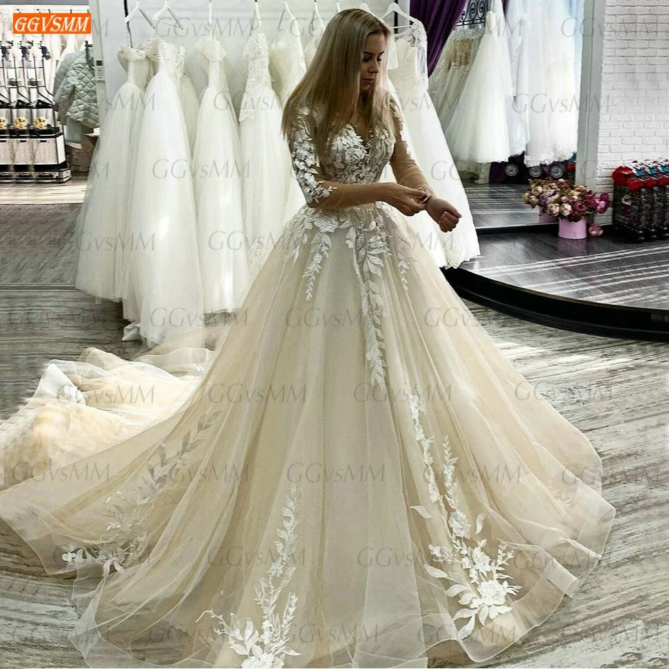 Romantic Boho Champagne Wedding Dress Long Sleeves Lace Appliqued Tulle Princess Gowns 2020 Custom Made Bride Dresses | Свадьбы и