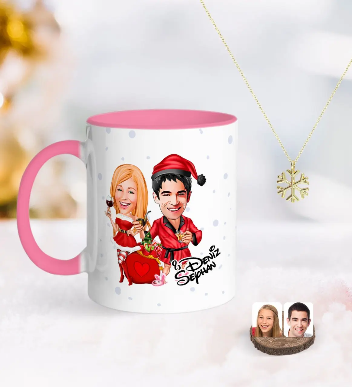 

Персонализированная Новогодняя карикатура с розовой чашкой и подвеской в виде снега-5