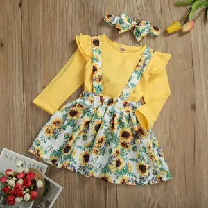 Комплект из 3 предметов, одежда принцессы для девочек одежда для малышей Одежда для девочек с оборками с изображением подсолнуха топ и юбка, повязка на голову, комплект одежды, комплект одежды для детей От 0 до 3 лет