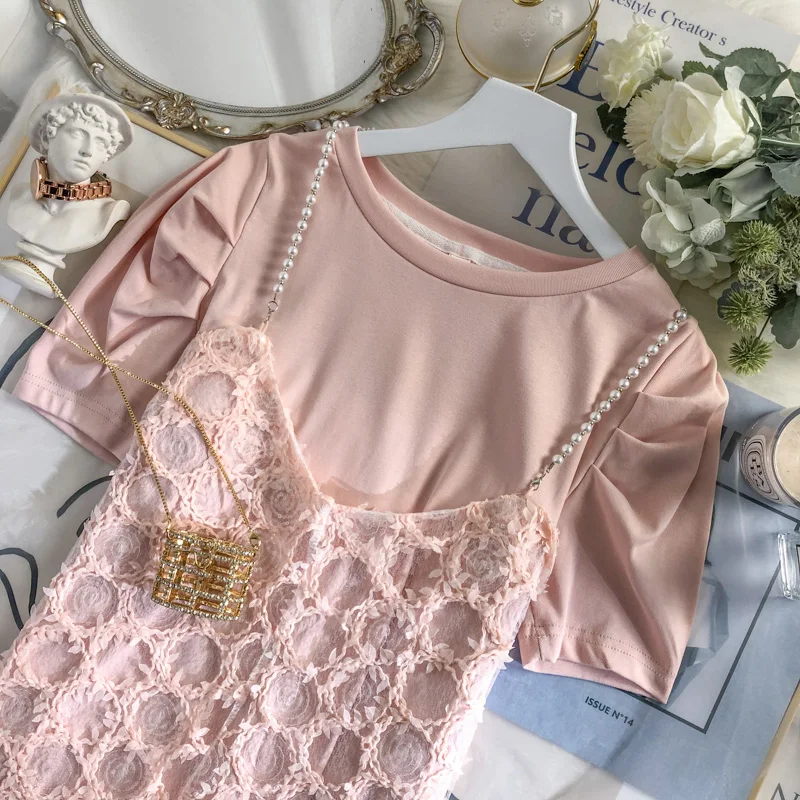 

Fashion Pearl Suspender Mini Dress+round Neck Basic T-shirt 2021 Summer Gentle Elegant Sweet Women's Clothing 2-Piece Set