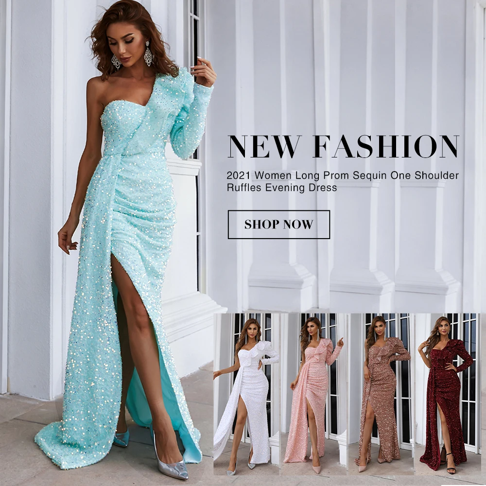 

Missord Summer Dress 2021 Fashion Women Sequins Party Sexy One Shoulder Ruffles Evening Maxi Side Split Backless Long Blue Dress