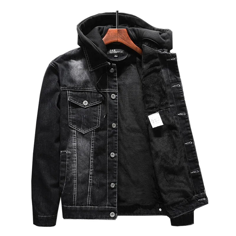 

Men Winter Warm Denim Jackets Detachable Hat Fleece Lined Outwear Coats for Male Top Clothing Size M-4XL Windbreak