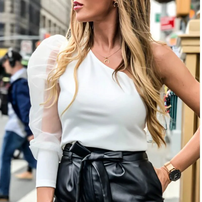 

Fashion Women Single Off Shoulder Streetwear Blouse Mesh Long Sleeve Puff Fit Casual Blouse Elegant Top
