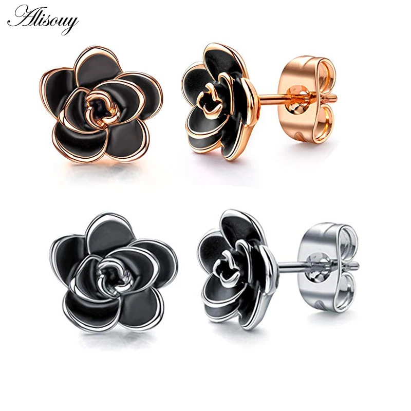 

Alisouy 2pcs Classic Camellia Flower Ear Stud Earring Delicate Women Accessory Daily Wearing Party Earring with Black Jewelry
