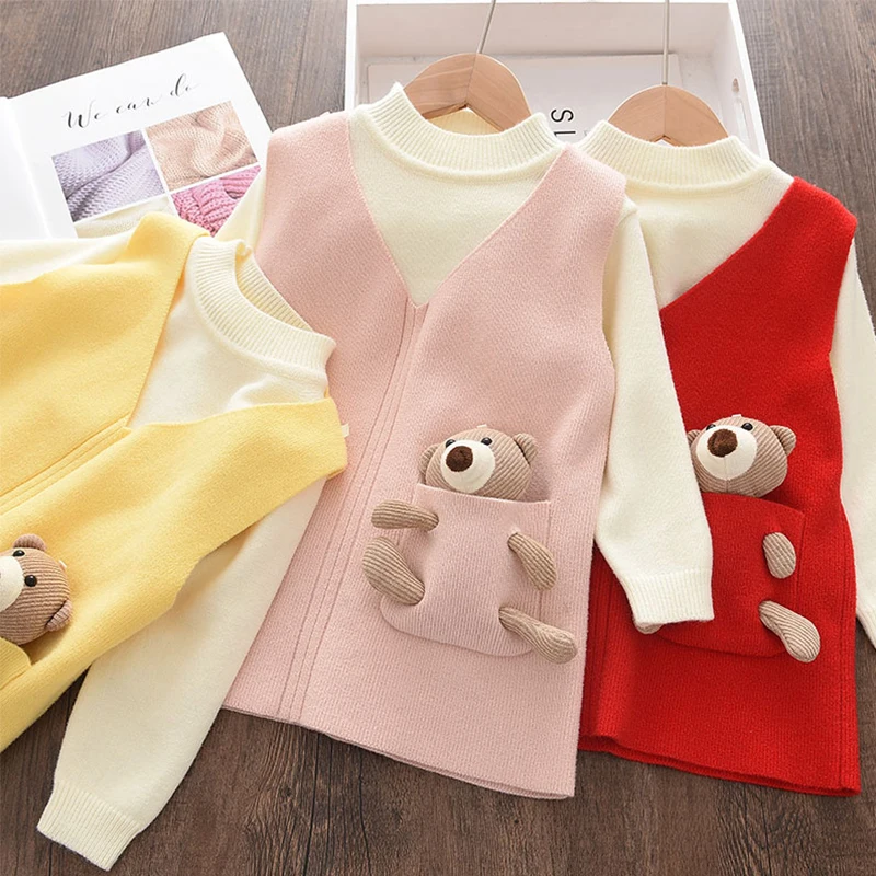 

Комплекты одежды с мультяшным медведем для маленьких девочек, детская повседневная одежда, осенне-зимние свитеры, платье, наряды, Детский к...