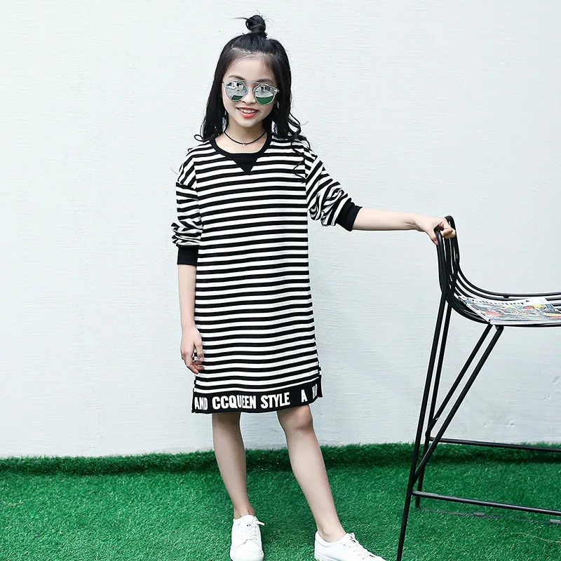 Children's dress Girls Spring and Autumn striped letter in the long casual blouse shirt Middle school student clothes