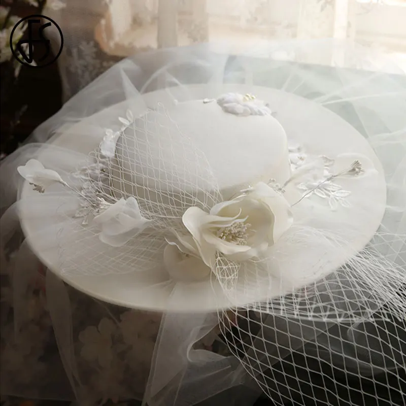 

FS Flat Top White Church Hats 2021 Fedora Hats For Women Flowers Veil Hat Wedding Elegant Big Wide Brim Kentucky Derby Hat