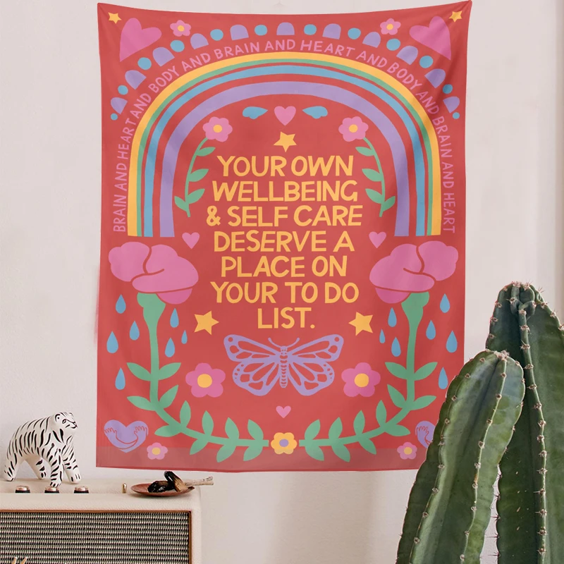 Винтажный гобелен с радужными цветами настенное украшение в стиле ретро красное