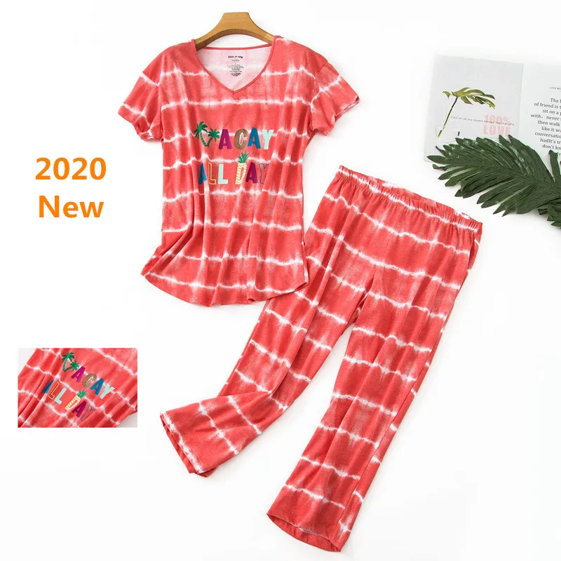 

Casual Pajamas Set Short Sleeve T-shirt Long Pants Summer Pyjama Big Size Mom 2020 Fashion Home Sleepwear