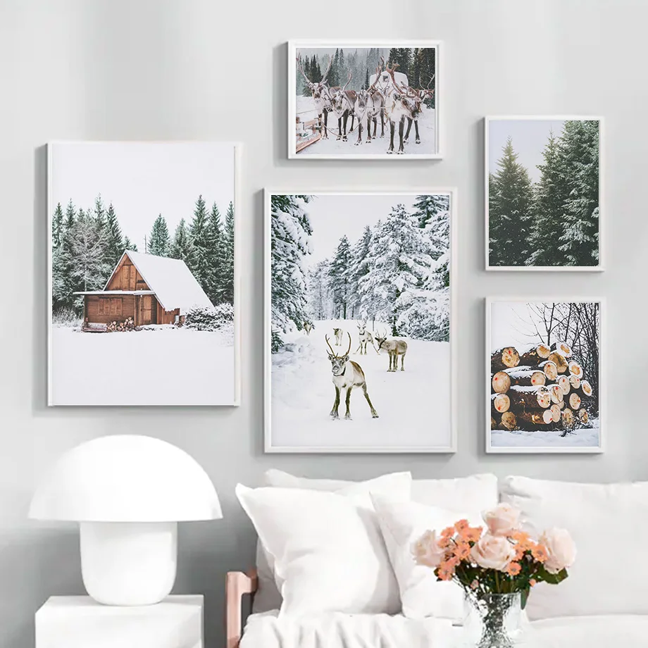 

Winter Wonderland Poster Christmas Style Wall Art Canvas Painting Reindeer Print Landscape Nordic Wall Picture Living Room Decor