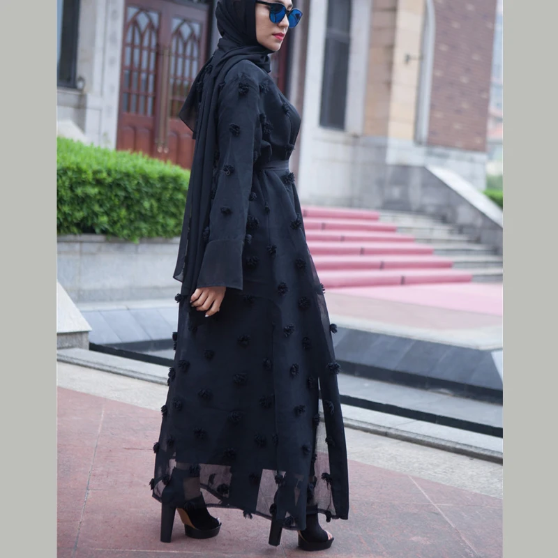 Dubai Muslim Open Abaya Hijab Dress Women Plush Ball Kimono Caftan Lace-up Jubah Islamic Clothing Musulman Marocain Long Robe | Женская