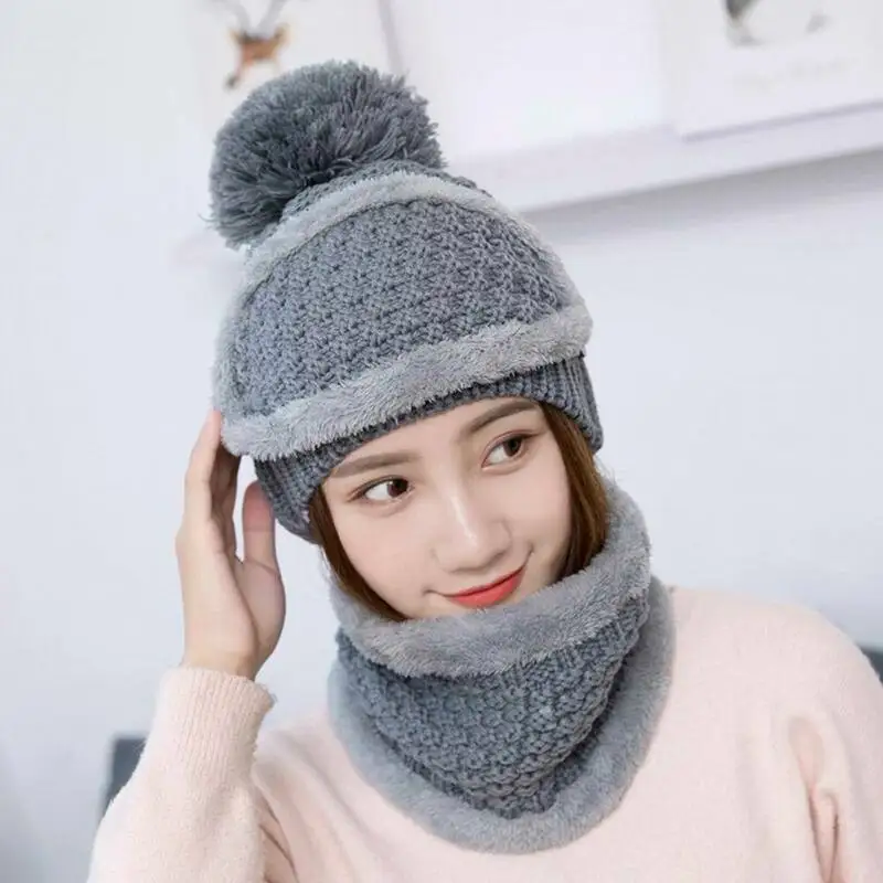 

Women Fashion Winter Beanie Ultra Warm Knitting Wool Big Pompom Fleece Lined Ski Cap +Scarf Set