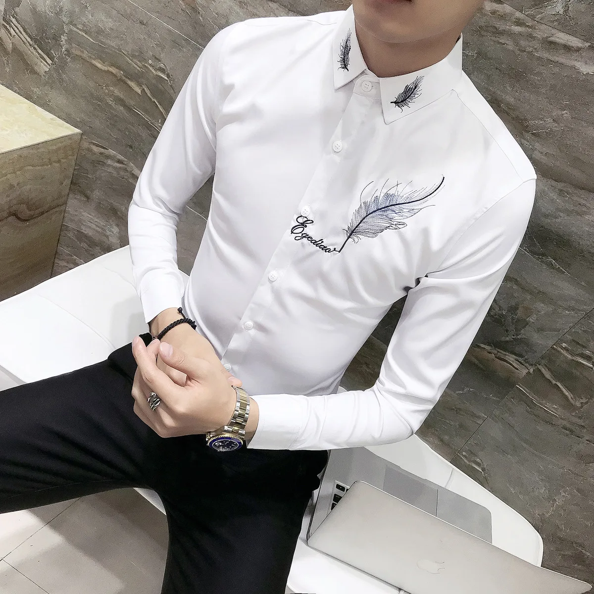 Модные мужские вечерние рубашки, мужские рубашки с длинным рукавом Camisa Social Masculina, мужские черные белые Клубные рубашки с вышивкой