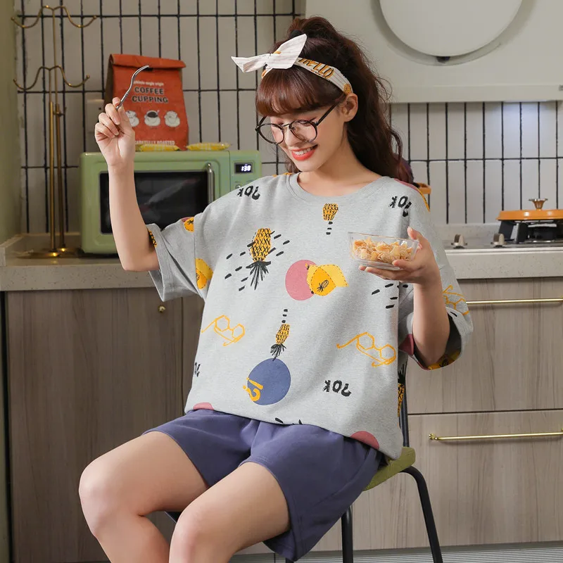 

BZEL Summer Short Sleeves Shorts Pajamas Set Women Cotton Sleepwear Cartoon Pattern Nighty Soft Comfort Home Wear Lovely Pijamas