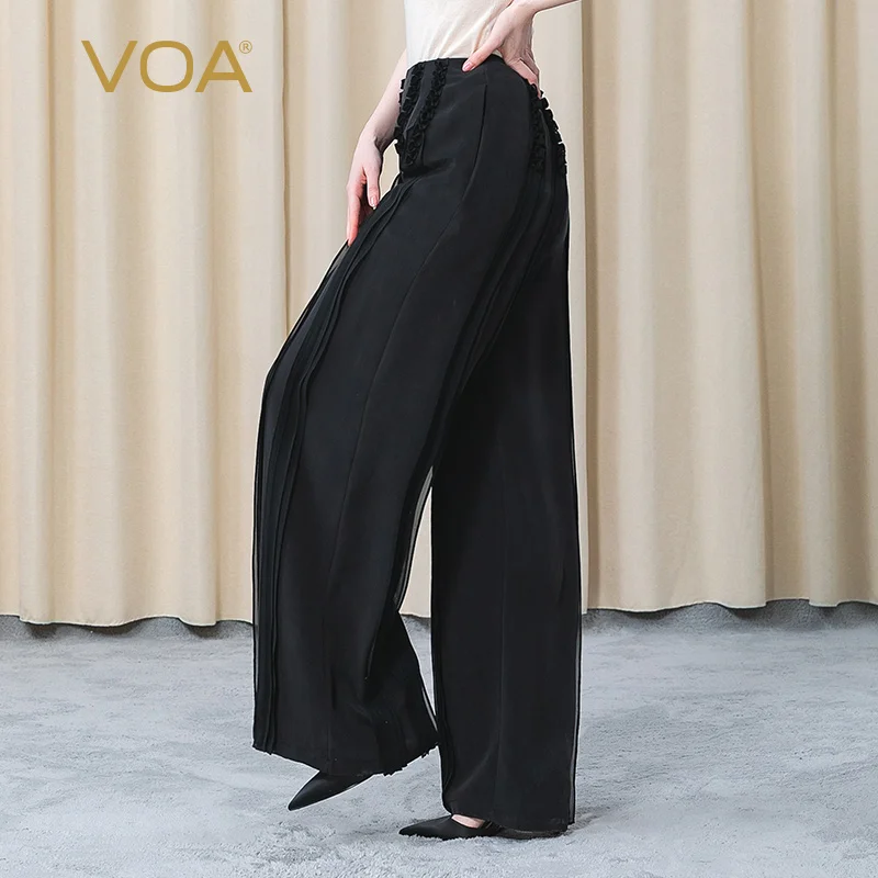 

VOA Silk Heavy 40m/m Polar Black Trousers KE336 Natural Waist Wood Ear Stripe Decoration Loose Comfortable Wide Leg Pants