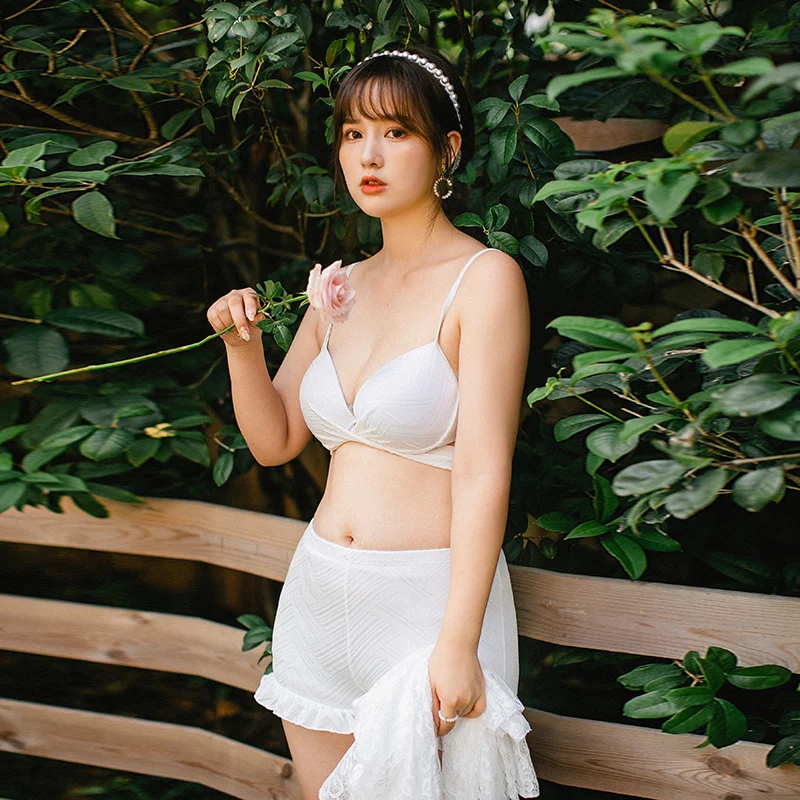 

STAERK 2021 Korean ins style split swimsuit fairy fan big size fat mm Slim hot spring three piece set loose Beach