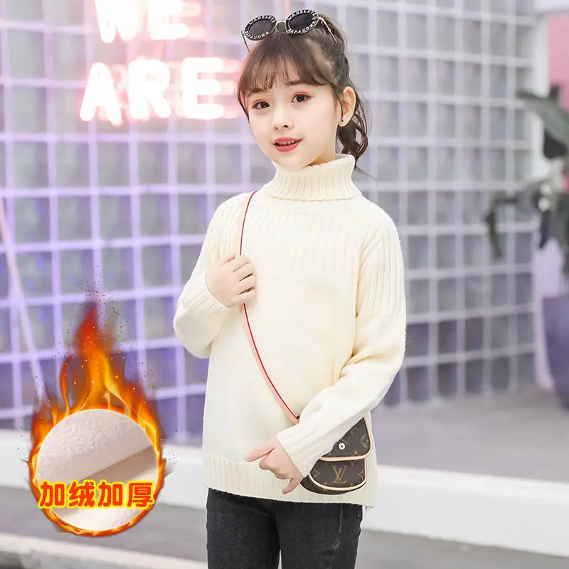 

Girls sweater 3-11 years old autumn and winter high-necked Jacquard stripes bottoming sweater thick and velvet all-match Korean