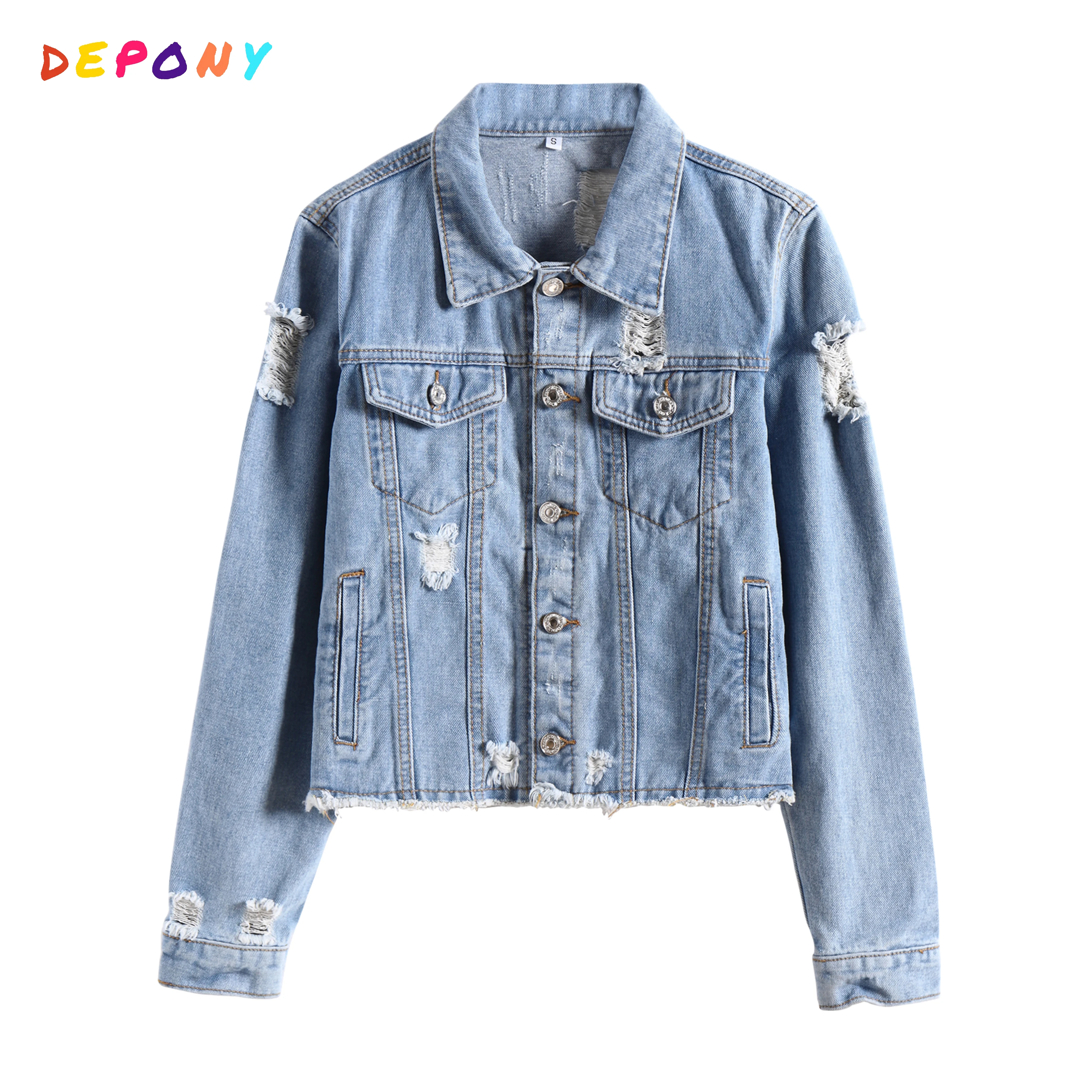 2020 DEPONY women Ripped Denim jacket autumn cropped Blue chaqueta Single Breasted Casual Loose jacket bomber