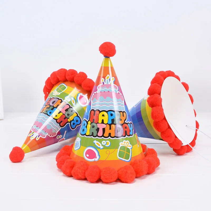 

10pcs Birthday hat Children's birthday hat Hairball Baby shower Cake decoration Baking supplies Birthday hat
