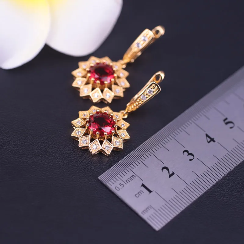 Высшее качество Подсолнухи красный камень золотой цвет костюм серьги ожерелье