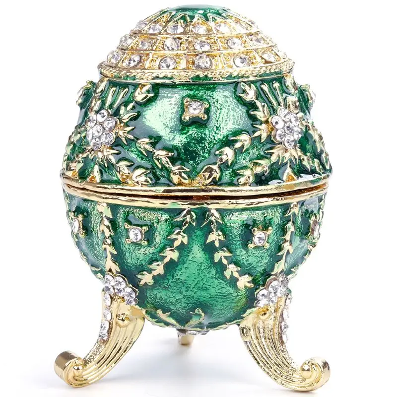 

Green Leaves Faberge-Egg Series Hand Painted Jewelry Trinket Box with Rich Enamel & Sparkling Rhinestones Easter Day Collectible