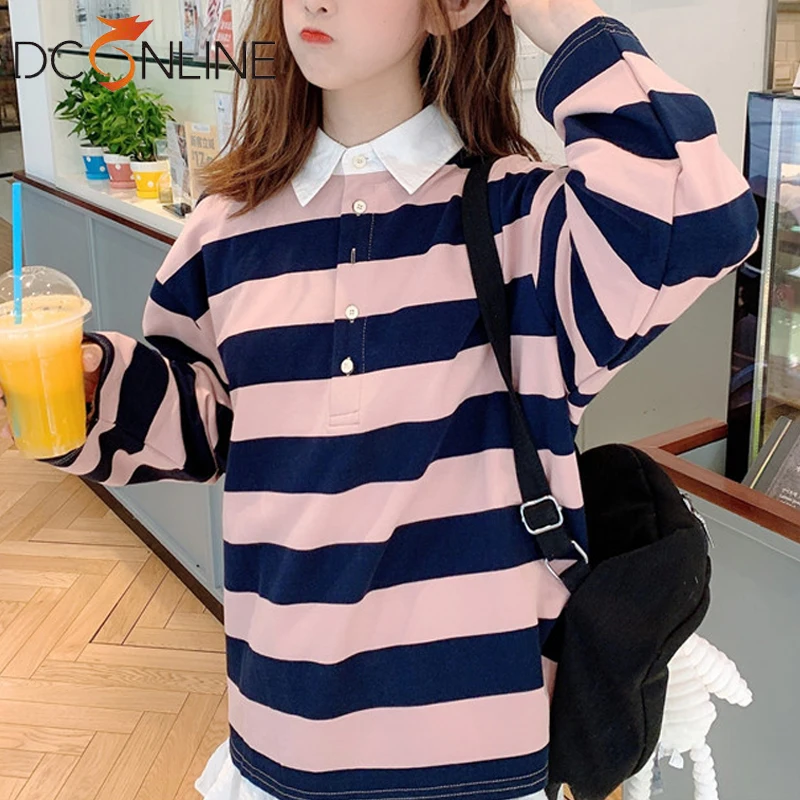 Розовый пуловер женский полосатый отложной воротник консервативный стиль