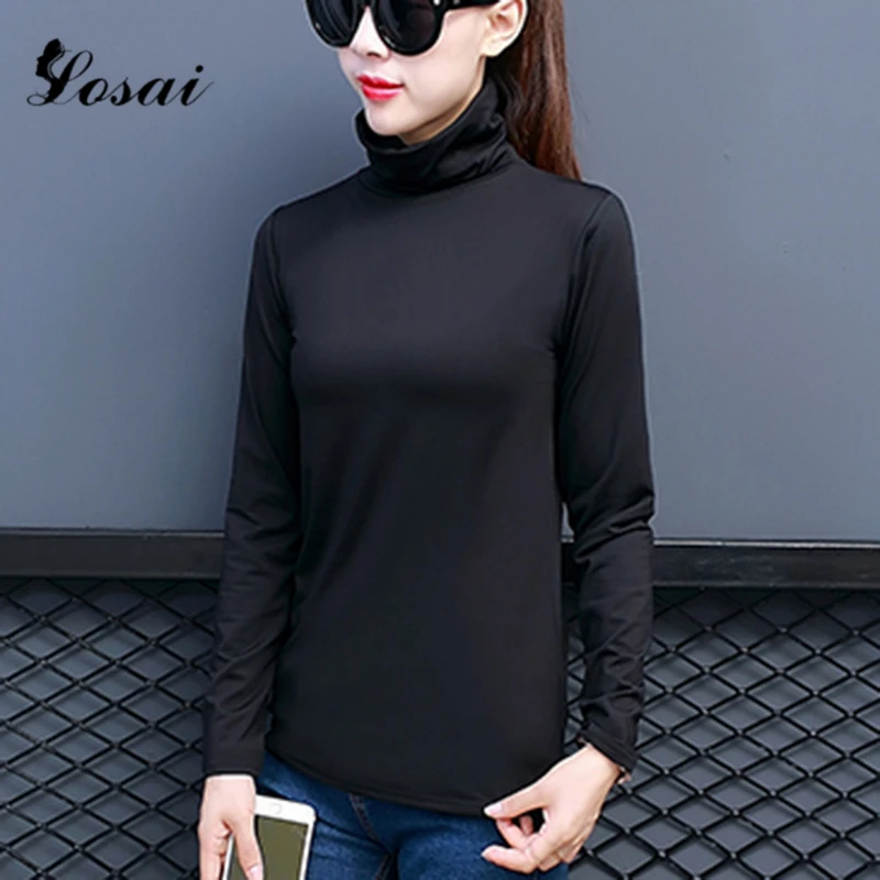 2019 Женская Повседневная футболка с длинным рукавом одноцветная водолазка топы