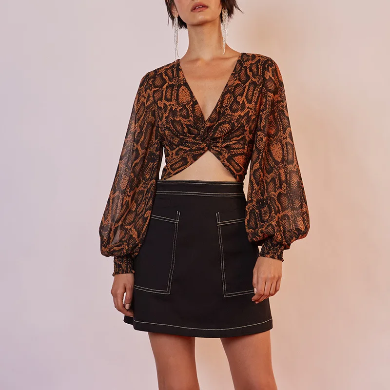 Змеиная укороченная блузка для женщин с рукавом фонариком и высокой талией