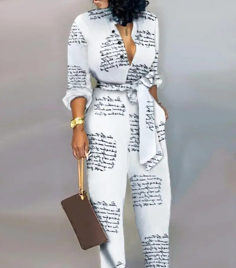 

White Sexy Print Split V-Neck Long-Sleeved Straight Jumpsuit