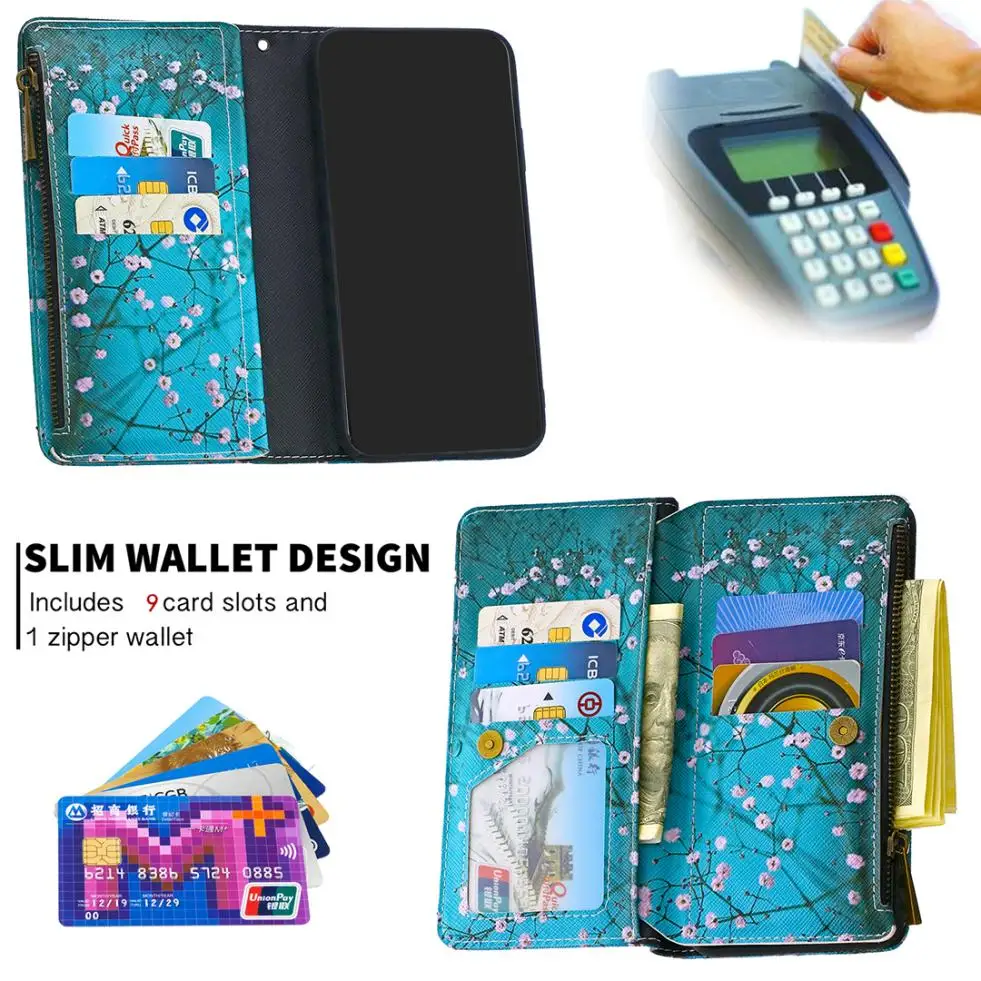 for xiaomi redmi note 11 10s 9 9s 8t 8 10 pro max plus painted pattern leather case zipper wallet bag card holder phone cover free global shipping