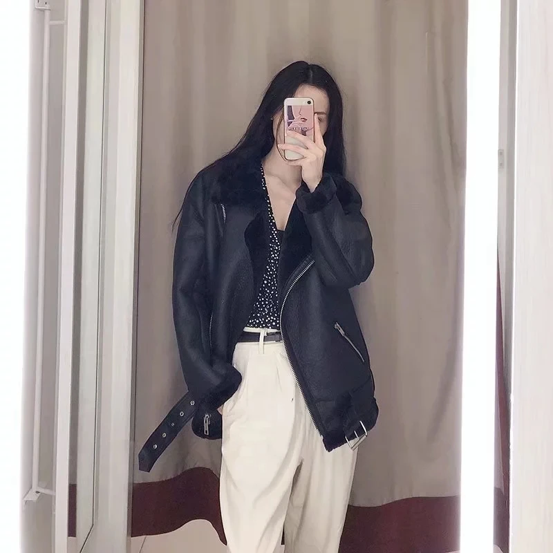 Куртка женская из искусственной овечьей кожи с ремнем | Женская одежда