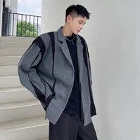 2021 winter thicken raw edge splice woolen mens suit coat japanese streetwear vintage fashion loose casual suit jacket blazer