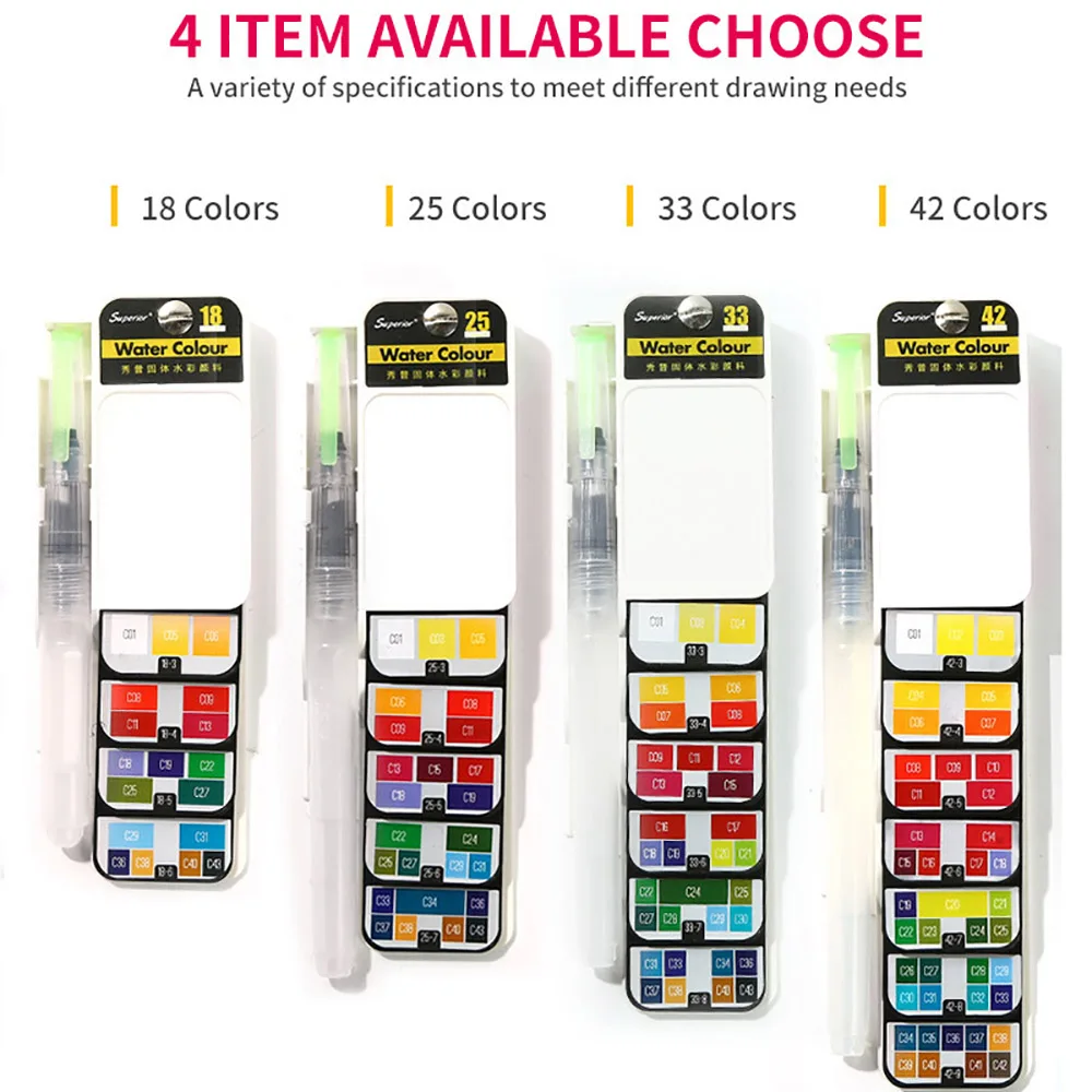 

18/25/33/42 Colors Solid Water Color Painting Sets with Water Brush Foldable Travel Sketch Pigment School Art Painting Supplies
