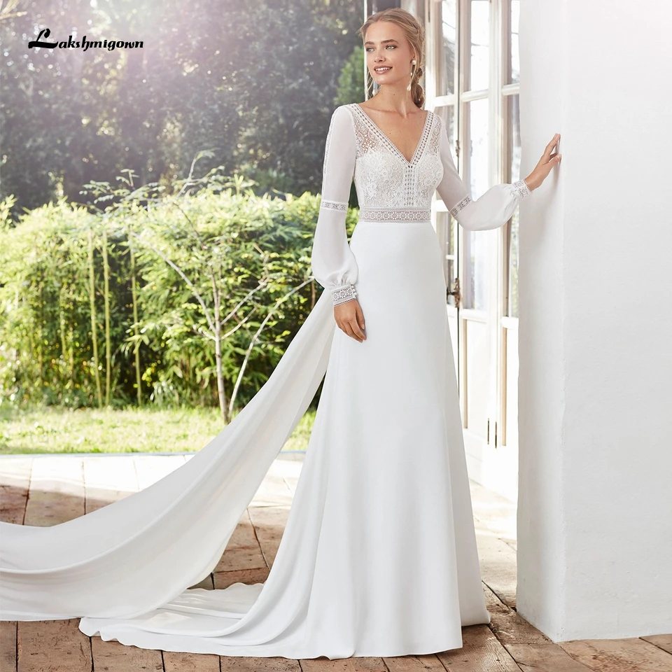 

Vestidos de Verano 2021 Puffy Long Sleeve Boho Wedding Dress Lakshmigown Country Satin Wedding Gowns with Detachable Train
