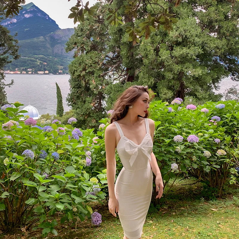Женское винтажное платье на бретелях-спагетти с бантом | Женская одежда