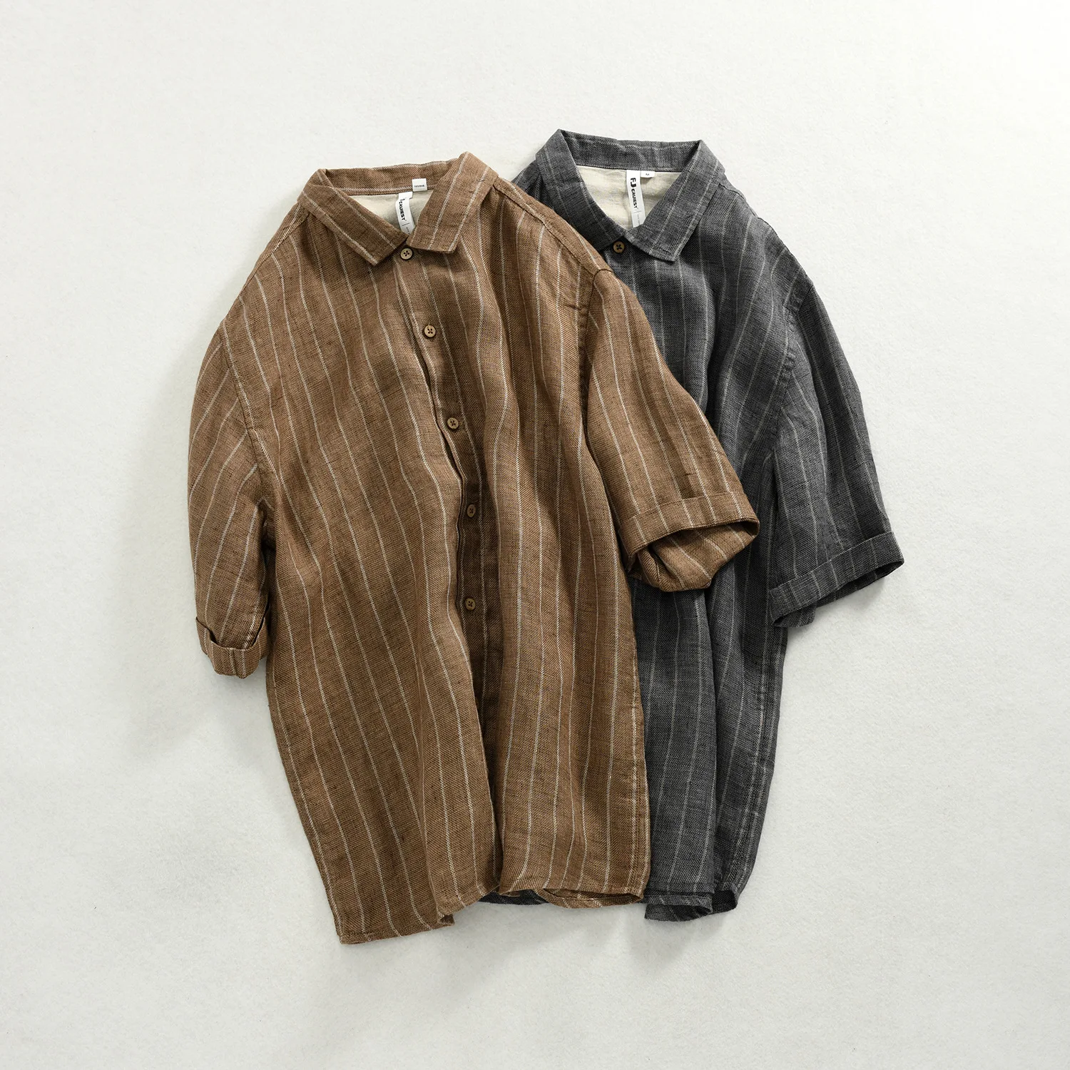 

2527 summer new style square neck stripe linen 5 / 5 middle sleeve shirt casual loose shirt cardigan men's wear