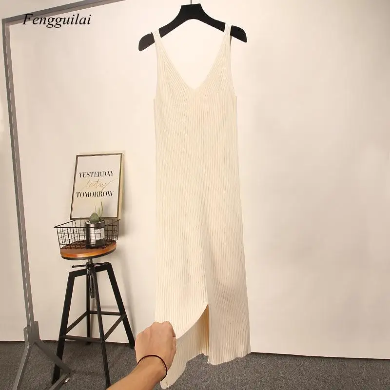 

Spaghetti Strap V Neck Women Sweater Long Knit Summer Autumn Halter Elasticity Party Causal Dress