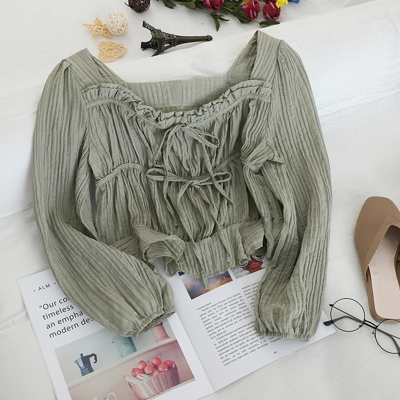 Женская рубашка с вырезом лодочкой и рукавами фонариками базовый винтажный