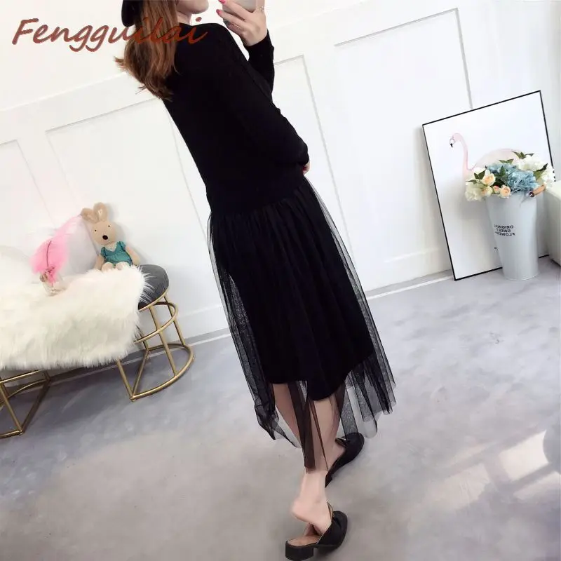 

New Elegant Knitted Sweater Dress Autumn Winter Dress Long Sleeve Sweater Mesh Patchwork Women Dress Office Casual Long Dress