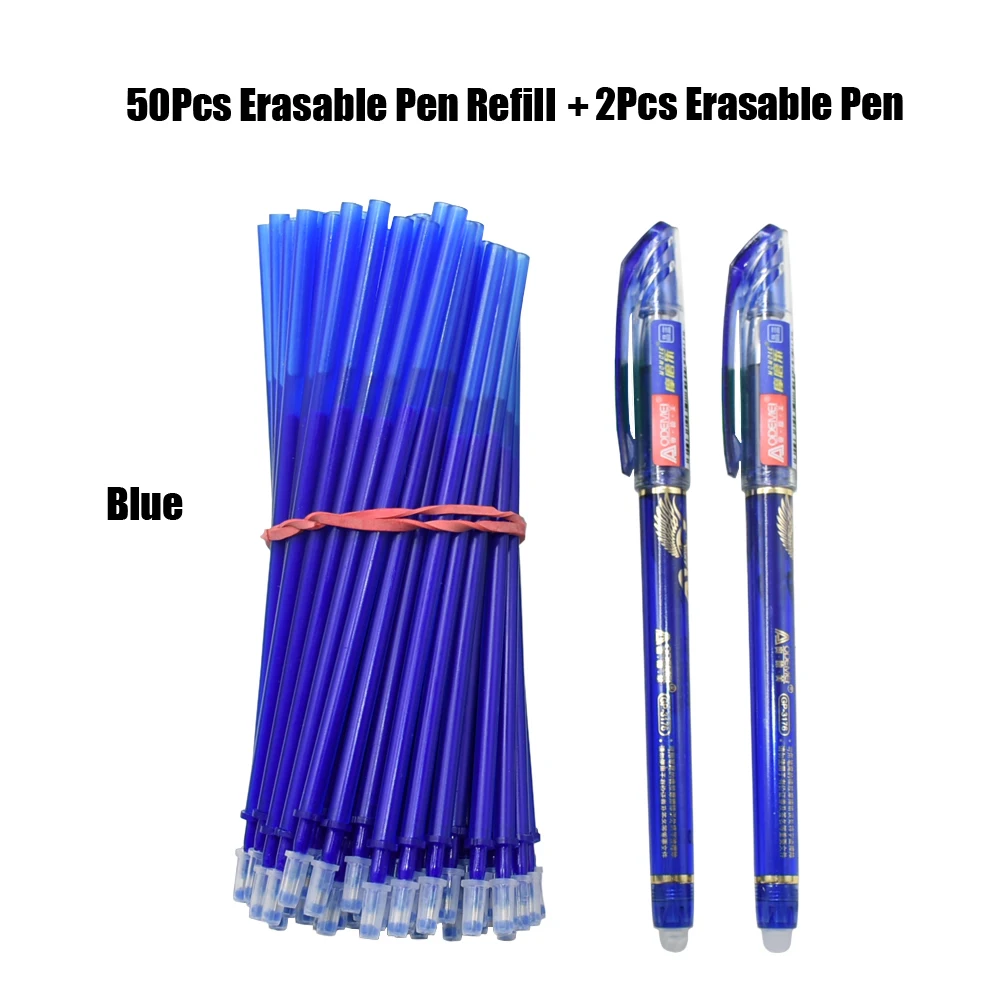 

50+2Pcs Erasable Pen Set 0.38mm Washable Handle Magic Erasable Gel Pen Refills Rod Blue Black Ink Pen Students Kawaii Stationery