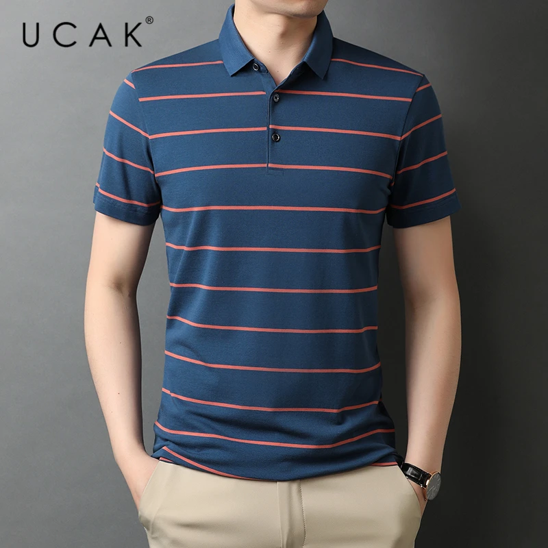 

UCAK Brand Classic Striped Turn-down Collar Short Sleeve T-Shirts Summer New Streetwear Tops Casual Cotton T Shirt Homme U5539