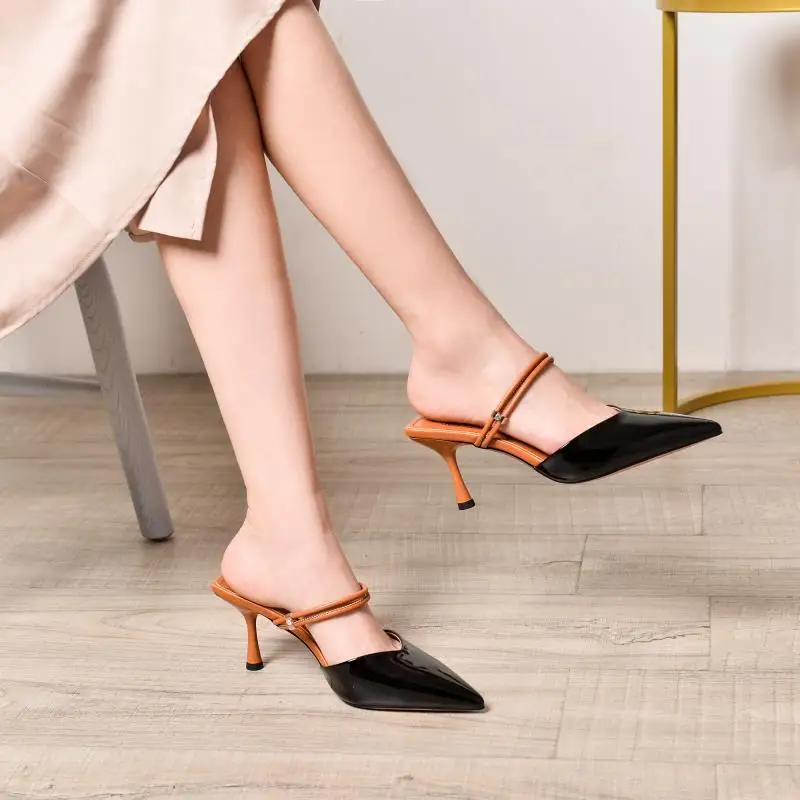 

Spring Summer Luxury Women Stilettos Fashion Pointed Toe Genuine Patent Leather High Heel Pumps Slippers Sexy Slingback Sandals
