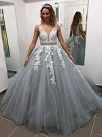 2020 silver quinceanera dresses v neck backless sweep train white appliques prom dresses party gowns