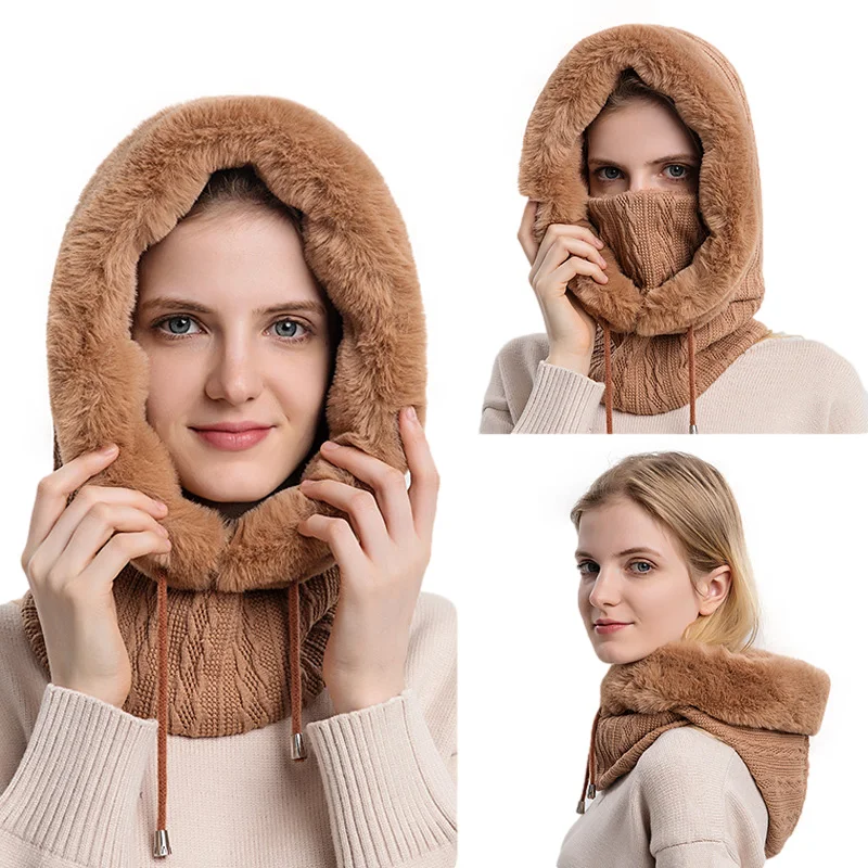 

Зимняя меховая шапка, набор с маской для женщин, вязаная шапка для девочек, пушистые шапочки, русские лыжные ветрозащитные теплые шапки с ша...