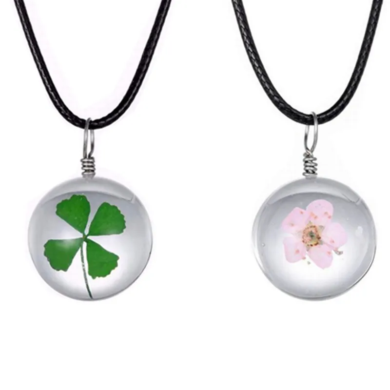 Четырехлистный Зеленый Клевер счастливое ожерелье сушеные цветы шар кулон