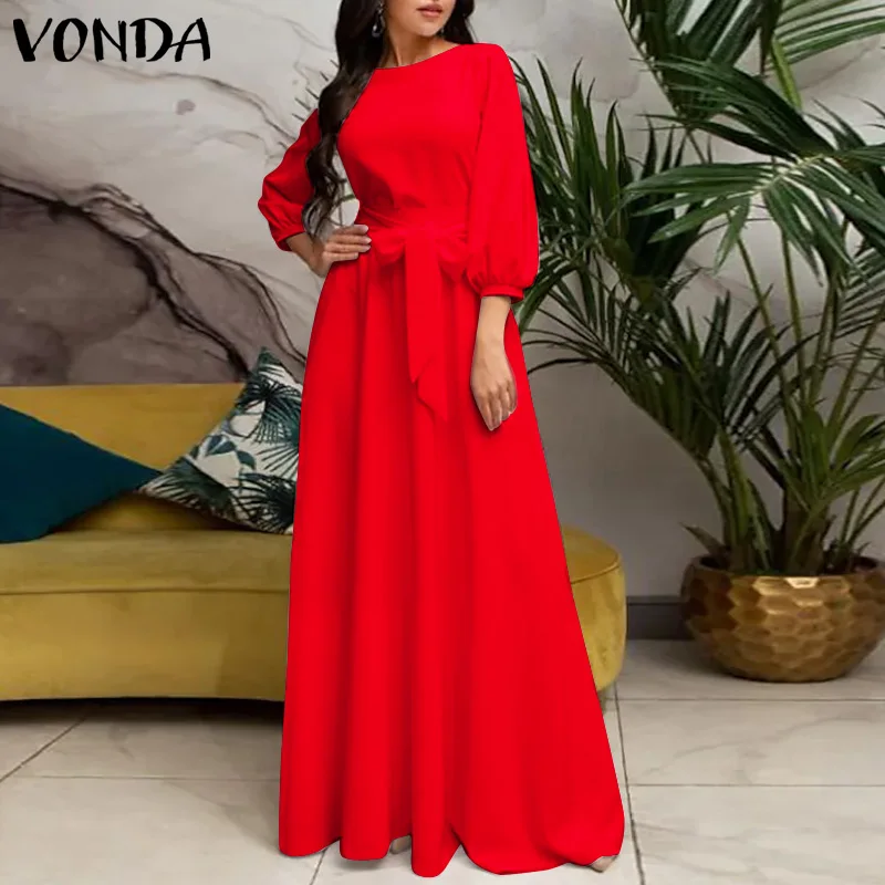 

VONDA Women Long Sleeve Maxi Dress 2021 Autumn Solid Color Elegant Holiday Party Dresses Bohemian Vestidos Oversized Sundress