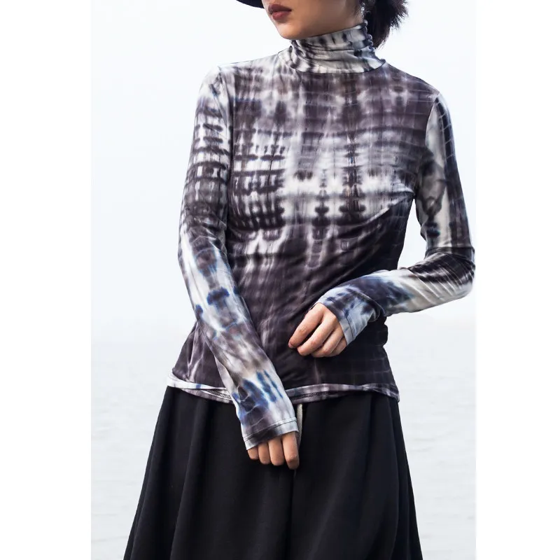 

TVVOVVIN Winter Niche Design Tie-dye T-shirt Women's Turtleneck Elastic Long Sleeve Slim Pullover Tops G0I3